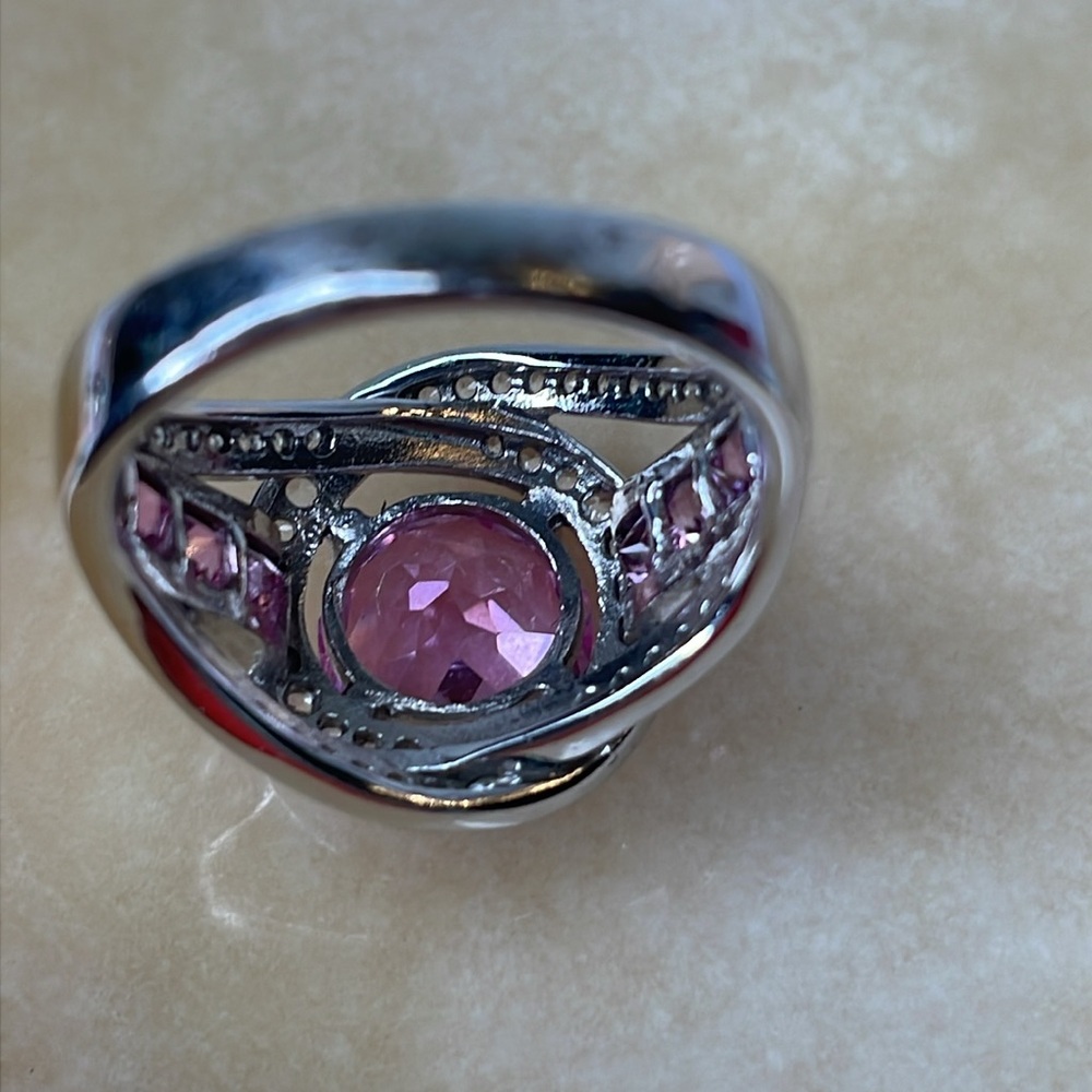 Ring Sterling Silver Pink Halo Ring by JMBR Cubic Zirconia Cocktail Bling Ring - Picture 5 of 10